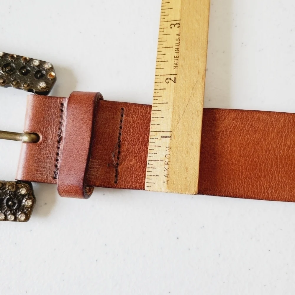 Fabio Corti Genuine Leather Belt Brown Jeweled Beaded Oversized Buckle‎ Italy
